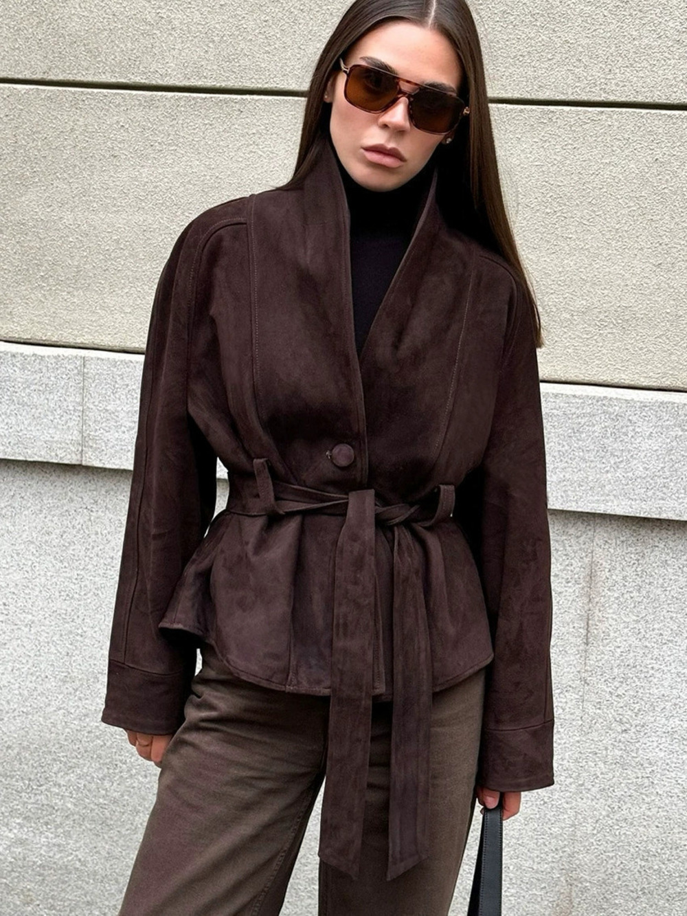 Zara Maillard Retro Suede Belted Crop Jacket Classy Mature Windproof